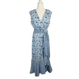 MAISON TARA Blue White Print Ruffle Dress 14 Tiered Faux Wrap Maxi Cottage Party